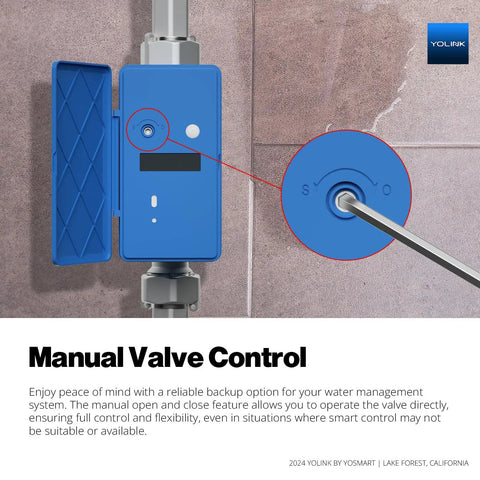 FlowSmart All-In-One Smart Water Meter With Auto Shutoff For Three Quarter Inch Pipes showing manual valve control