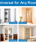 72 Inch Aluminum Bifold Closet Door Hardware Kit For Four Doors shown in various room settings including laundry and closet doors.