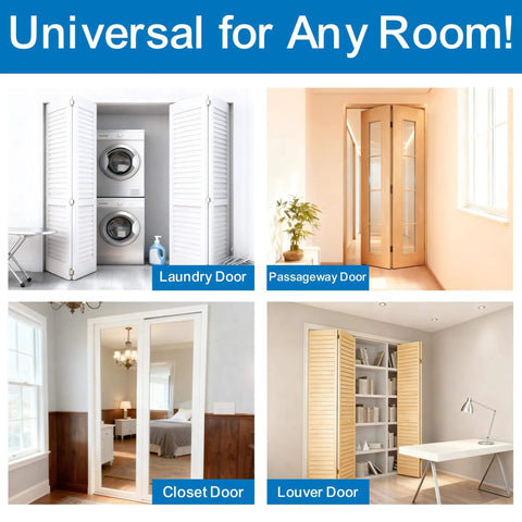 72 Inch Aluminum Bifold Closet Door Hardware Kit For Four Doors shown in various room settings including laundry and closet doors.
