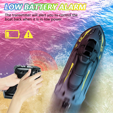 Brushless RC Jet Boat With Water-Cooled Motor For Max Torque And Quick Cool Runs High Speed 25 KMH Remote displaying water spray