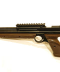 Crosman airgun with all metal firearms grade Picatinny scope mount, showing left side with hardwood grip and mounted rail.
