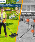 Lawn Leveling Rake With 17x10 Inch Heavy Duty Stainless Steel Head And 72 Inch Adjustable Handle in use on lawn