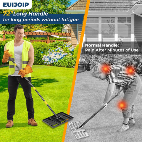 Lawn Leveling Rake With 17x10 Inch Heavy Duty Stainless Steel Head And 72 Inch Adjustable Handle in use on lawn