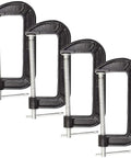 Four heavy duty 6 inch C clamps with 3 inch throat depth, rust resistant iron for woodworking and welding projects.