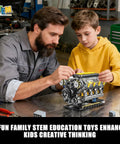 Father and son building V8 Engine Model Kit That Runs, Gearhead Friendly Visible Mini Car Motor Building Blocks Set For Adults And Teens 14 And Up