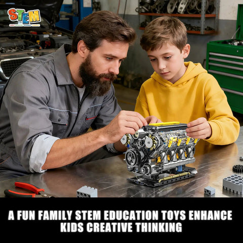 Father and son building V8 Engine Model Kit That Runs, Gearhead Friendly Visible Mini Car Motor Building Blocks Set For Adults And Teens 14 And Up