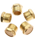 Brass Air Pneumatic Muffler Five Pack With Sintered Bronze Exhaust Silencer Fittings, Half Inch NPT Head Threaded Vent Filters