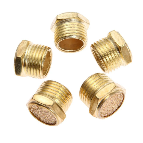 Brass Air Pneumatic Muffler Five Pack With Sintered Bronze Exhaust Silencer Fittings, Half Inch NPT Head Threaded Vent Filters