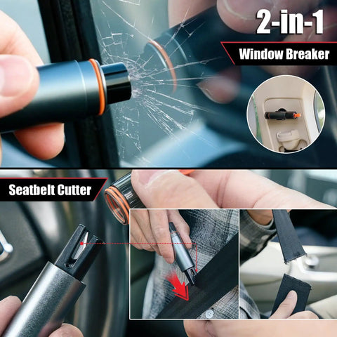 2-in-1 tool with window breaker shattering car glass and seatbelt cutter slicing through seatbelt, includes storage view.