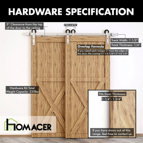 Brushed Nickel Single Track Bypass Sliding Barn Door Hardware Kit For Double Doors With 10ft Flat Track And Straight Design Rollers