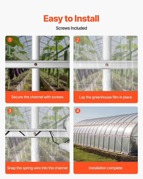 Heavy Duty Greenhouse Wiggle Wire Bundle With Lock Channels And Rustproof Aluminum Clips For No Sweat Poly Film Securing displayed in steps.
