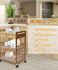 Heavy Duty Carbonized Bamboo Rolling Cart With Whisper Quiet Caster Wheels Plus Roomy Storage Drawers Easy Glide Mobile Kitchen Sidekick For Coffee Bars And Daily Grind Setup in kitchen with dishes.