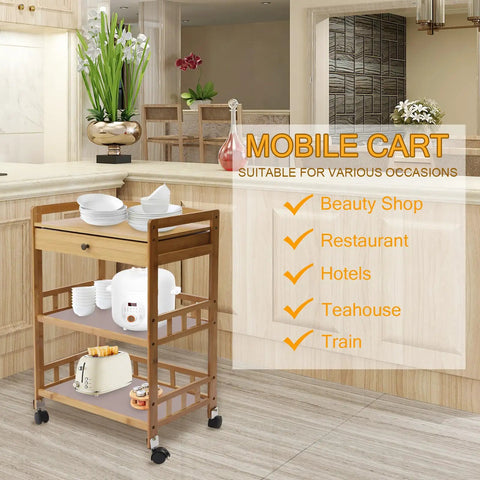 Heavy Duty Carbonized Bamboo Rolling Cart With Whisper Quiet Caster Wheels Plus Roomy Storage Drawers Easy Glide Mobile Kitchen Sidekick For Coffee Bars And Daily Grind Setup in kitchen with dishes.