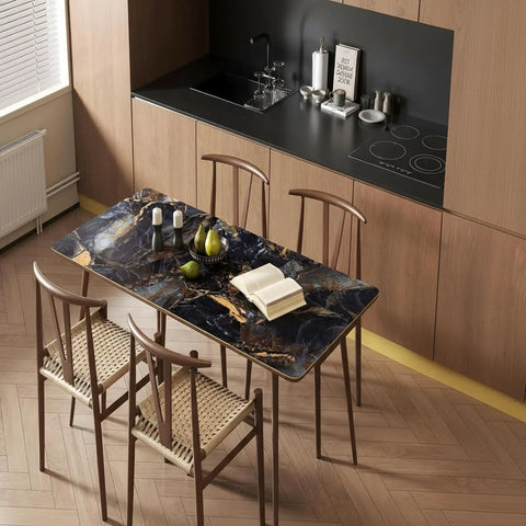 Dark Blue Marble Vinyl Wrap Self Adhesive Wallpaper 24x393 Inches on kitchen table, glossy granite look, peel and stick design.