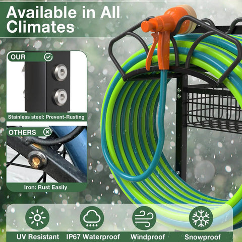 Upgraded Garden Hose Holder With Large Basket Heavy Duty And Sturdy Base Freestanding Hose Stand That Detaches And Reels Supports Up To 160 Feet Of Hose Weather Resistant Easy To Assemble For Yard Lawn Farm showing stainless steel and rust-prone iron comparison with coiled hose and nozzle