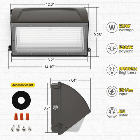 120W LED Wall Pack With Photocell, 15600LM 5000K Dusk To Dawn Outdoor Wall Light dimensions and specifications