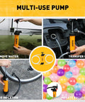 Orange multi-use hand pump with hoses for water removal, oil transfer, tire inflation and balloon inflation