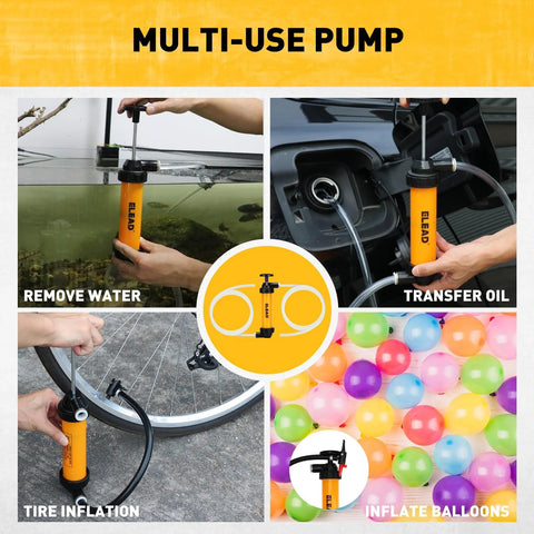 Orange multi-use hand pump with hoses for water removal, oil transfer, tire inflation and balloon inflation