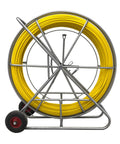 Heavy Duty Fiberglass Fish Tape Built Dang Solid For Hella Smooth Wire Routing And Conduit Pulling With Sturdy Wood Reel And Wheeled Cart 12mm 820Ft Length To Route Cables Anywhere Fast on metal cart with yellow roll.