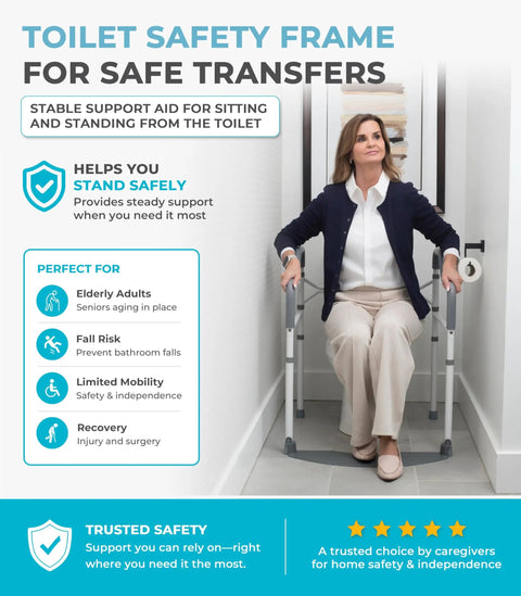 Sturdy Toilet Safety Rails For Seniors Offering Beefy Support With Plush Arm Grips And Solid Footrest Makes Daily Standing Easy Up To 300 Lbs Fits Standard Toilets Naturally With Quick Detachable Setup For Zero Hassle Independence.