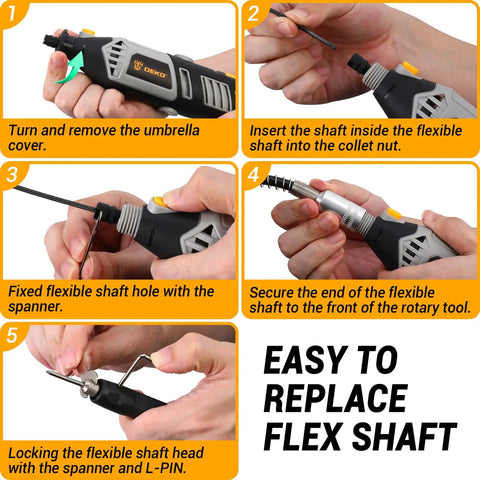 Beast Mode 1.5 Amp Rotary Tool Kit With 42 Inch Flex Shaft, Six Variable Speeds From 8,000 To 35,000 RPM, 129-Piece Accessories Set For Cutting, Sanding, Grinding, Carving, Polishing And DIY Projects, shown with flex shaft setup