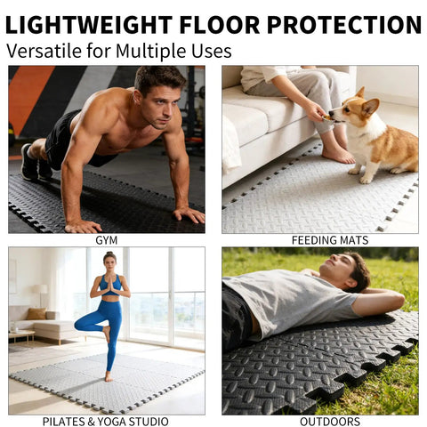 Interlocking EVA Foam Gym Mats Set 18 Pieces For Home Gym And Garage, versatile uses in gym, feeding mats, pilates, outdoors
