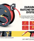3/8 Inch By 50 Foot Air Hose Reel With Heavy Duty Industrial Build And Flex Hybrid Polymer Hose Resisting Abrasion