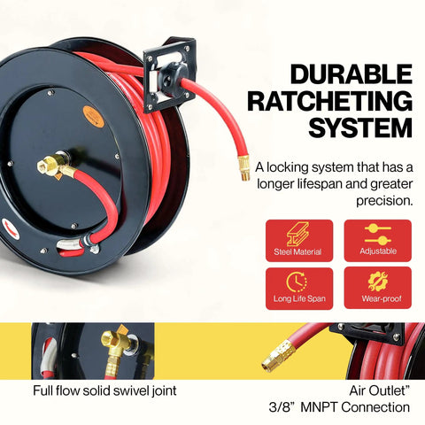 3/8 Inch By 50 Foot Air Hose Reel With Heavy Duty Industrial Build And Flex Hybrid Polymer Hose Resisting Abrasion