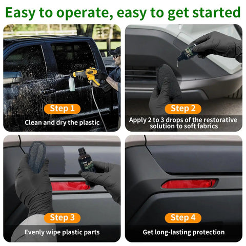Quick On The Go Black Plastic Restorer For Cars Matte Black Trim Coating For Interior And Exterior Auto Parts Scratch Repair And Crystal Shine Easy Wipe On 30ml Bottle applied to car surfaces for protection.