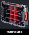 VersaStack 20 Compartment Small Parts Organizer With Removable Dividers, clear rugged polycarbonate lid, secure latch