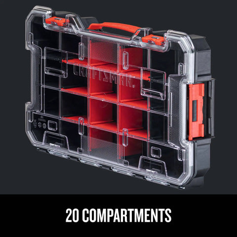 VersaStack 20 Compartment Small Parts Organizer With Removable Dividers, clear rugged polycarbonate lid, secure latch