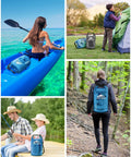Collage of Waterproof Dry Bag Roll-Top Backpack for Travel and Water Sports, Ultra Lightweight 5L with Phone Case in use outdoors