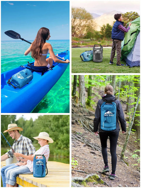 Collage of Waterproof Dry Bag Roll-Top Backpack for Travel and Water Sports, Ultra Lightweight 5L with Phone Case in use outdoors