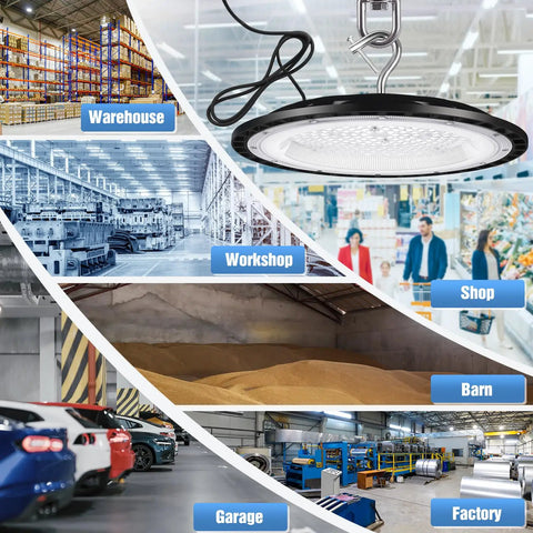 Blazing Bright 300W UFO Led High Bay Light With 5000K Daylight And 45000 Lumens in various commercial spaces like warehouse and shop.