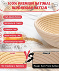 Comparison of high-quality, smooth rattan banneton basket and rough surafce, shown in the All In One Sourdough Starter Kit.
