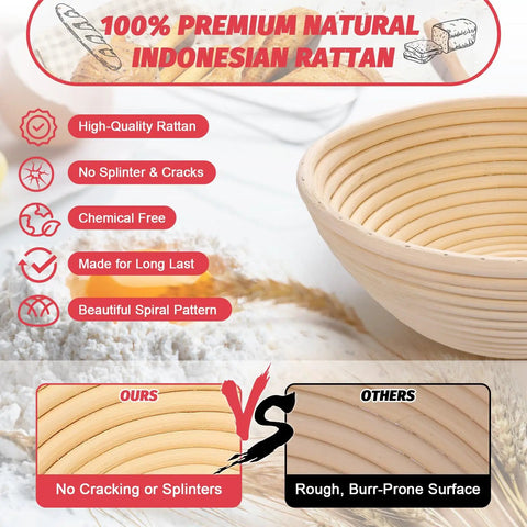 Comparison of high-quality, smooth rattan banneton basket and rough surafce, shown in the All In One Sourdough Starter Kit.