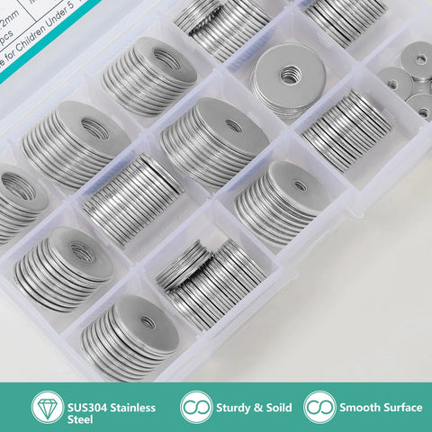 304 stainless steel flat and fender washers set in plastic organizer; 225 pcs, 15 sizes