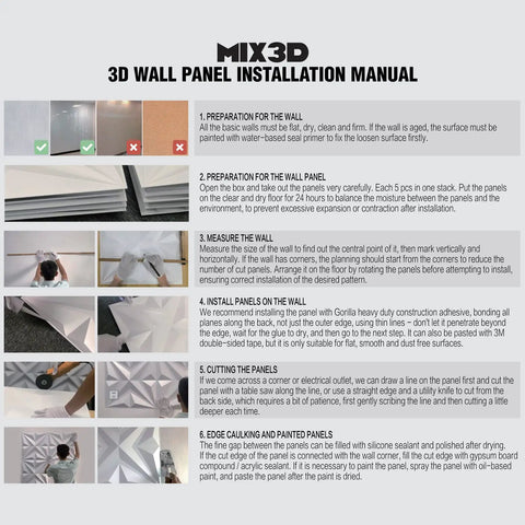 Installation manual for Dope 3D Star Textured PVC Wall Panels, step-by-step guide with images and instructions.