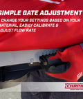 Close-up of 25 Pound Capacity Handheld Seed Spreader with waterproof bag and simple gate adjustment for flow rate control.