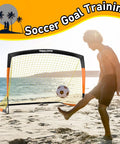 Person playing soccer on the beach with a Kids Backyard Soccer Goal Net 5x3.6 Feet Two Set For Home Practice And Family Fun.