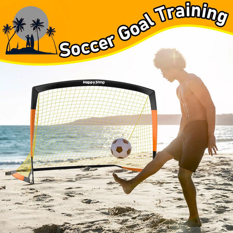 Person playing soccer on the beach with a Kids Backyard Soccer Goal Net 5x3.6 Feet Two Set For Home Practice And Family Fun.
