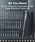 60 In 1 Precision Screwdriver Set With Magnetic Pop Up Case CRV Bits Mini Drivers showing organized bits for electronics repair.