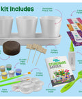 Paint And Plant Stoneware Flower Garden Kit For Kids 6 To 12 with stoneware pots, seed packets, paint set, and markers.