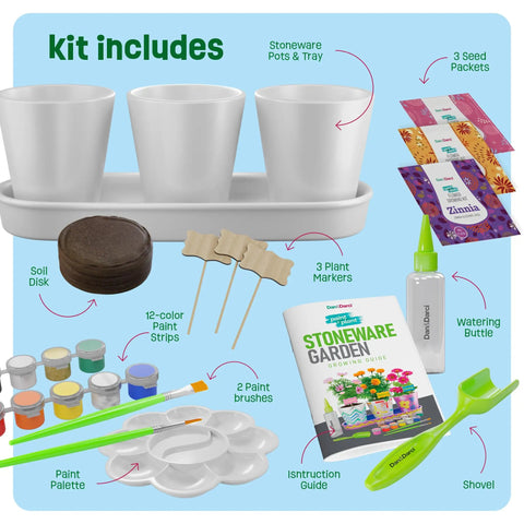 Paint And Plant Stoneware Flower Garden Kit For Kids 6 To 12 with stoneware pots, seed packets, paint set, and markers.