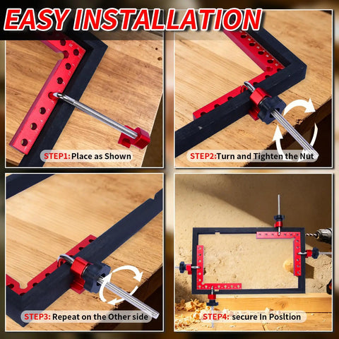 Woodworking Corner Clamps Set For Quick Dry Fit 8 Piece Right Angle Clamps usage steps showing four red and black clamps on wood