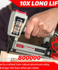 Using Pneumatic Pin Nailer 23 Gauge Headless Micro Pinner for cabinets and interior decor, close-up detail in action.