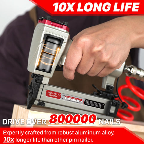 Using Pneumatic Pin Nailer 23 Gauge Headless Micro Pinner for cabinets and interior decor, close-up detail in action.