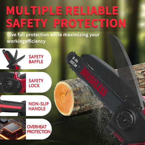 Cordless Mini Chainsaw With Dual 6 And 8 Inch Bars, 1000W Brushless Motor, Great For Tree Trimming, Safety Features Shown