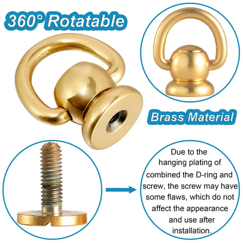 4Pcs Brass D Rings For Purses Rotatable Bag Strap Hardware With 360 Degree Ball Studs And Screws Leather Craft Repair Kit For Handbags Dog Collars And Other Leather Projects Gold Tone Finish