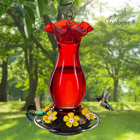 Outdoor Hummingbird Feeder 18 Oz With 6 Bee Guard Ports Built In Ant Moat Easy To Clean Durable Unbreakable Material 360 Degree Viewing